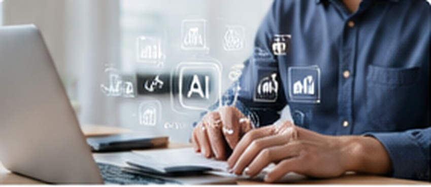 Professional using laptop with subtle AI tools and interface icons