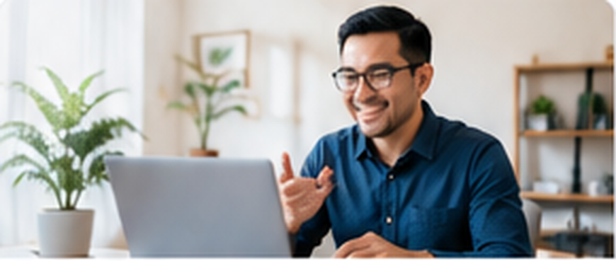 Smiling remote worker attending a video meeting on a laptop