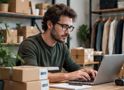 Professional managing online retail operations on a laptop in a modern e-commerce workspace.