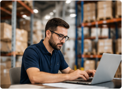 Professional working on a laptop inside a logistics warehouse.