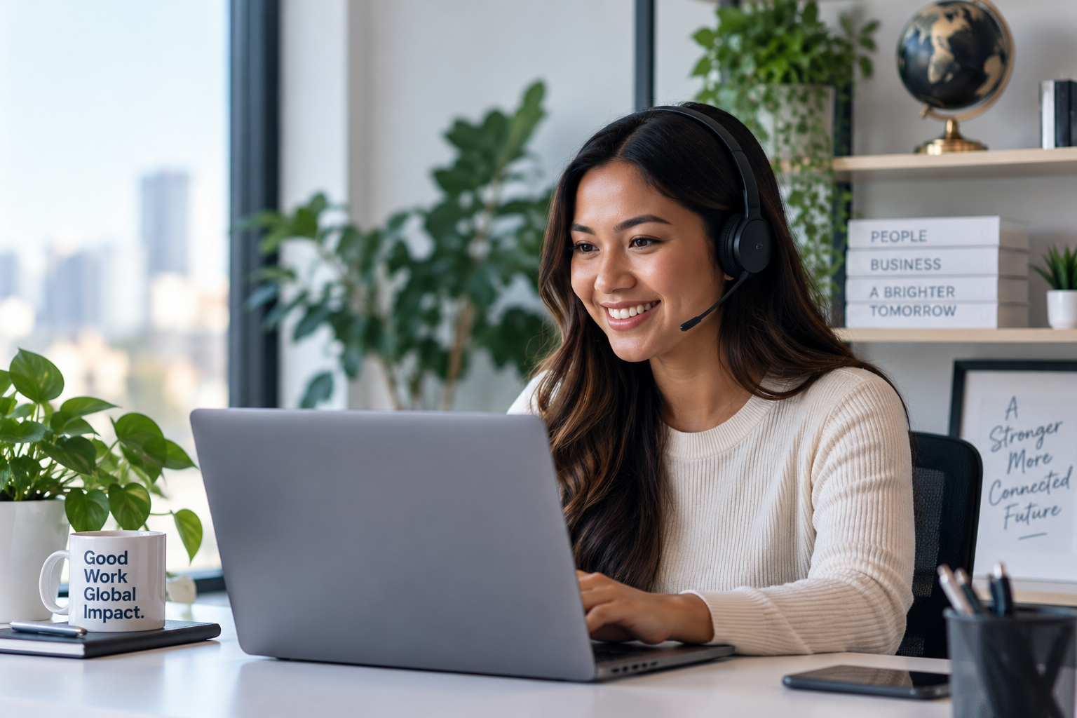 Remote professional wearing a headset and working at a laptop in a bright office